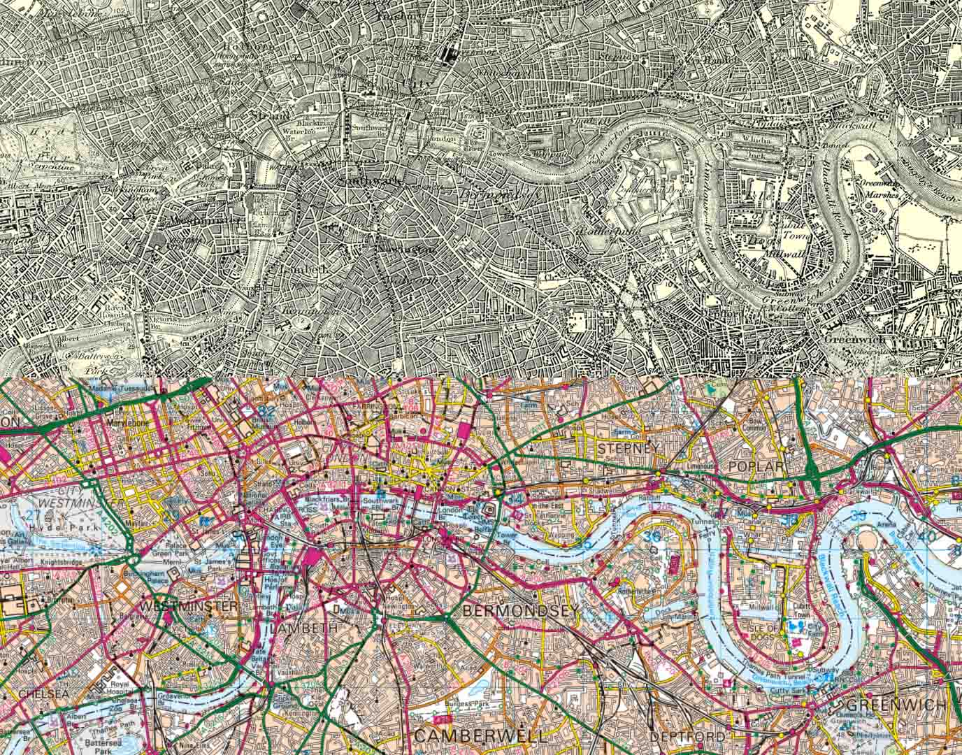 London Historical and Modern Map Side by Side