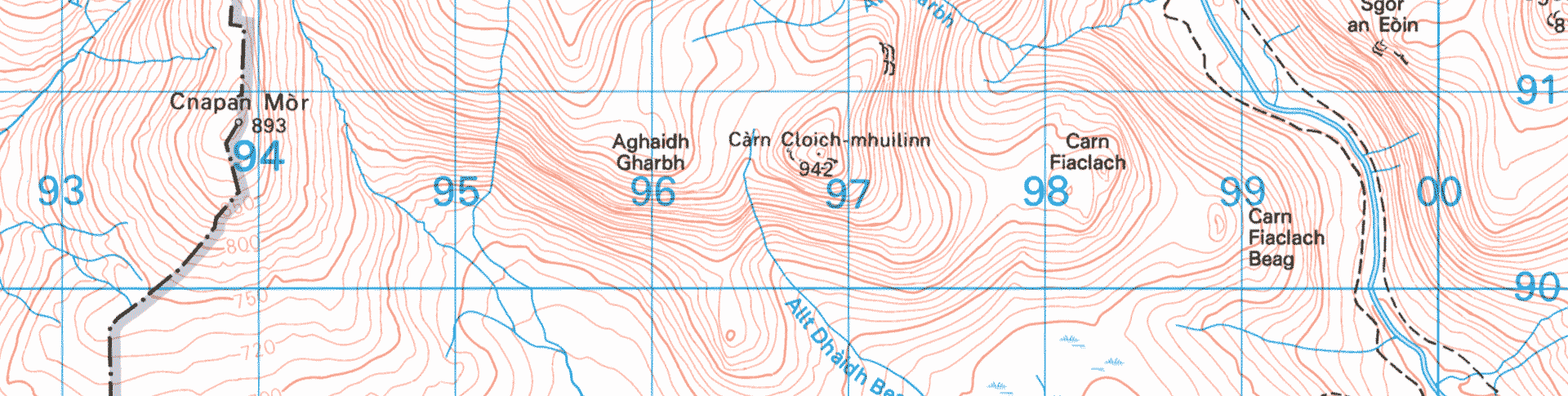 A section of a map showing contour lines