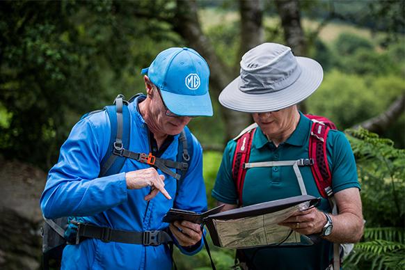 Men in the outdoors reading a map