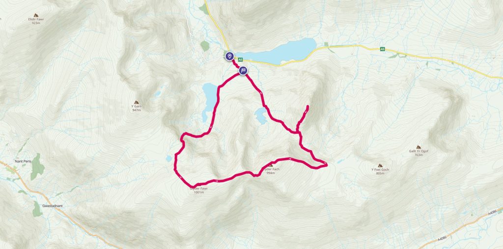 Glyderau Circular Walk Including Tryfan route onmap