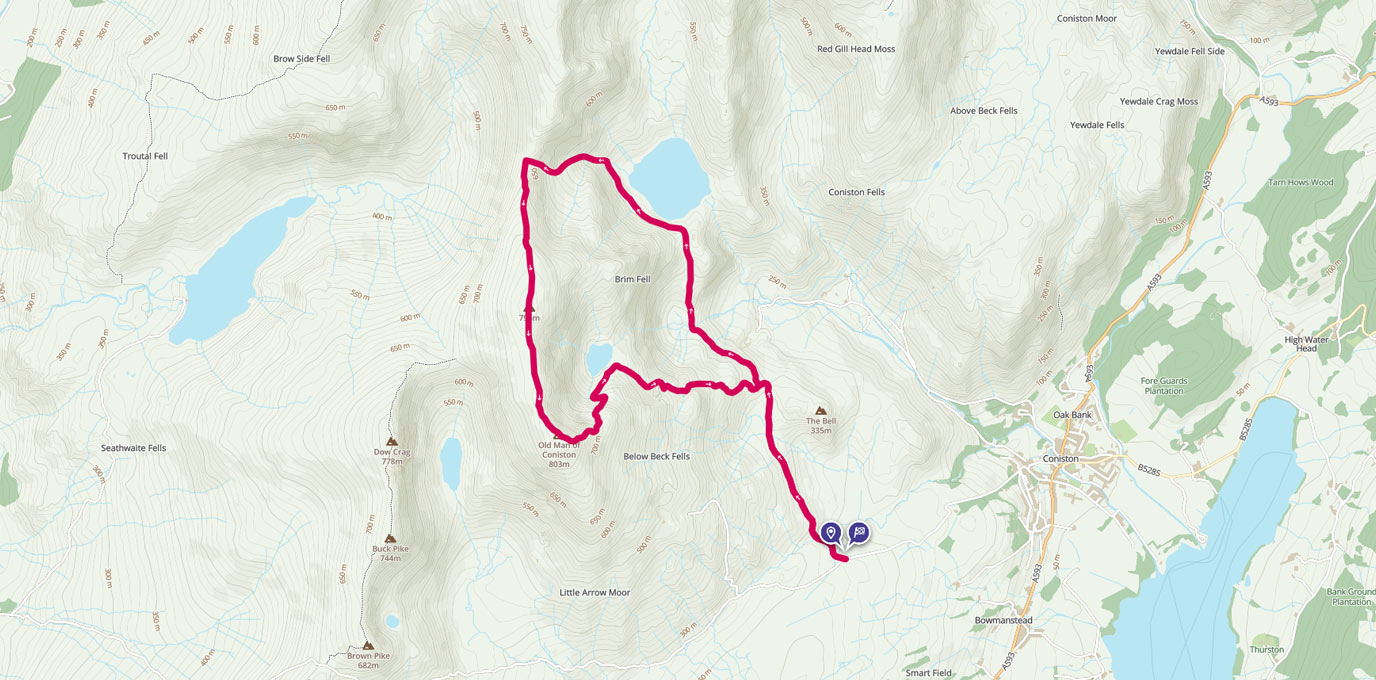Old Man of Coniston and Levers Water Circular walking route on map