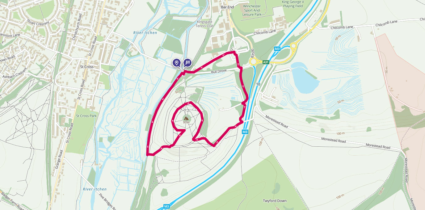 St Catherine’s Hill, Winchester walking route on map