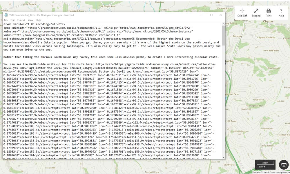 A screenshot of a GPX file