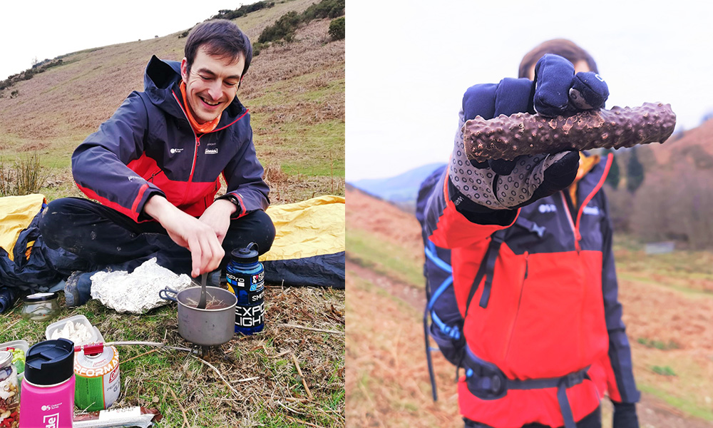 A pair pictures: Cooking food outside on a camp stove; Holding a chocolate bar
