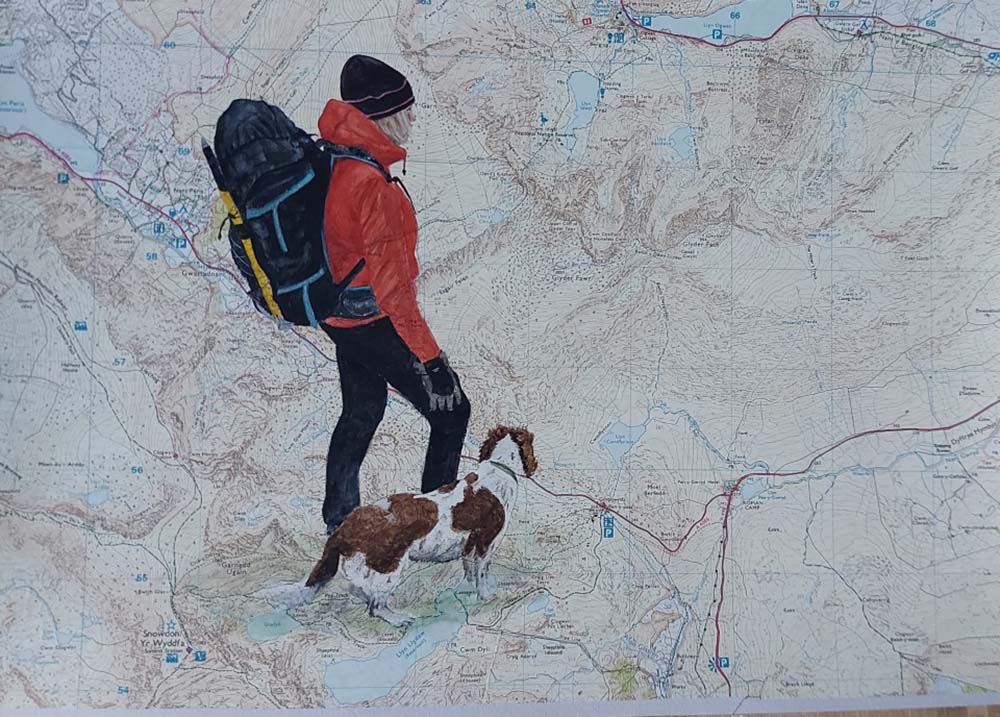 Commissioned painting of a rambler on an Ordnance Survey map