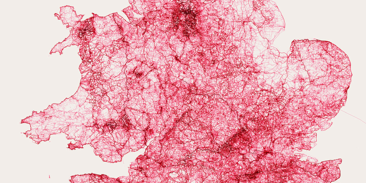Image of southern Britain with complex mesh of lines in
red