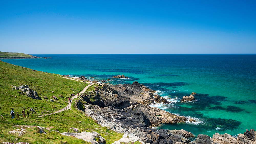 View of the coastal path, around the headland in St. Ives, Cornwall