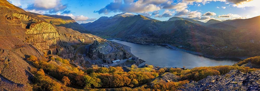 Panorama of Llyn Padarn and Llanberis and yr wyddfa