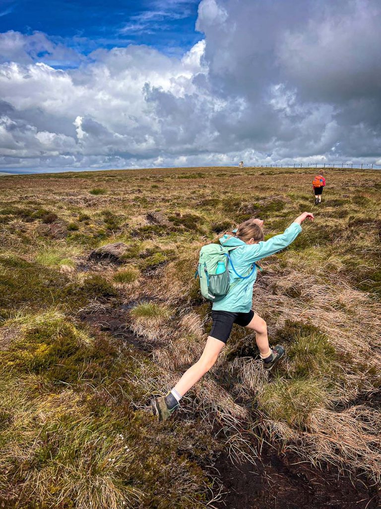 jumping through bogs in the yorkshire dales