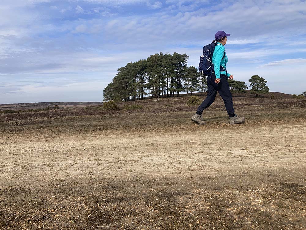 Sue walking across a field in the New Forest