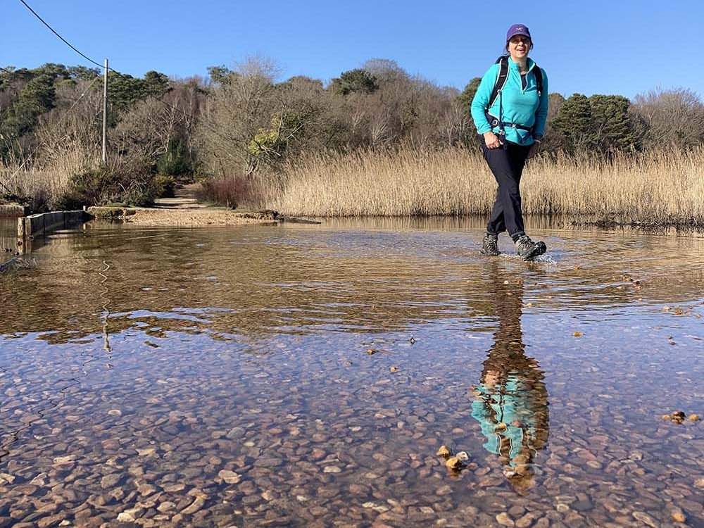 Sue walking across watery landscape in the New forest