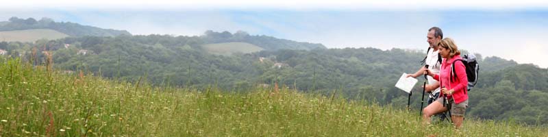 Couple walking up a grassy hill, holding a map