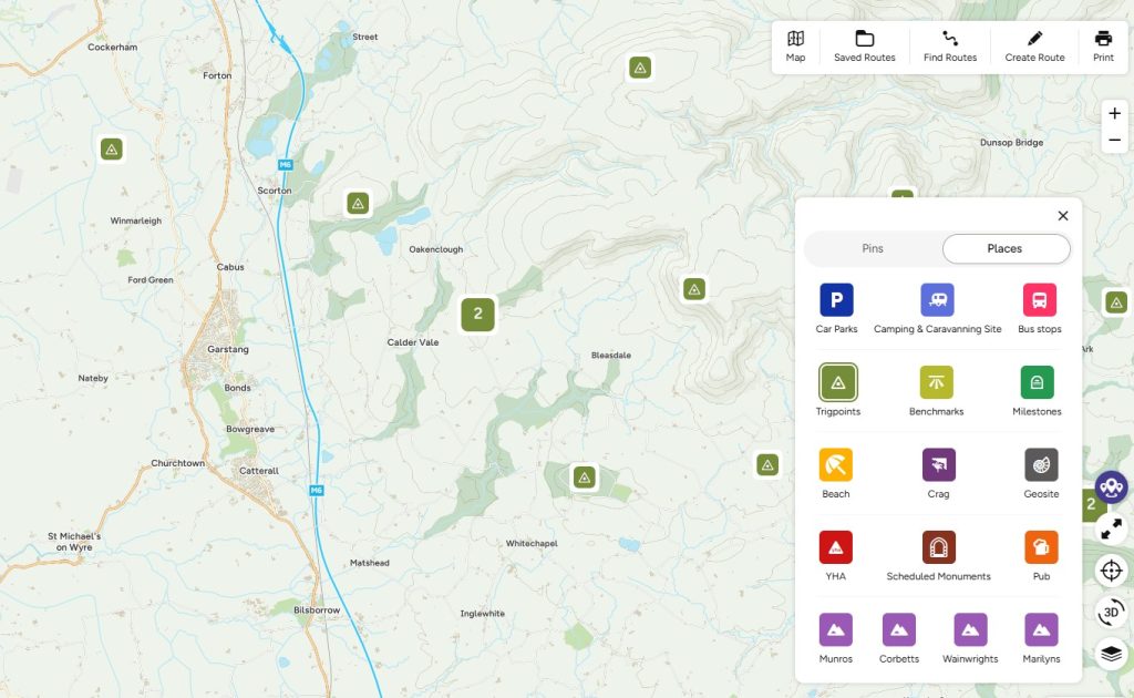 places on os maps to find trig points