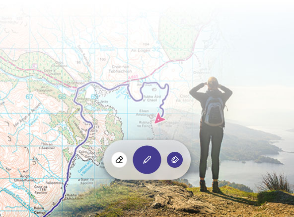 Woman on a hill peak, merged into a picture of a map, route editing tool superimposed