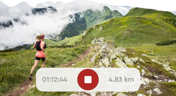 Woman running on a hill trail with route recording data superimposed