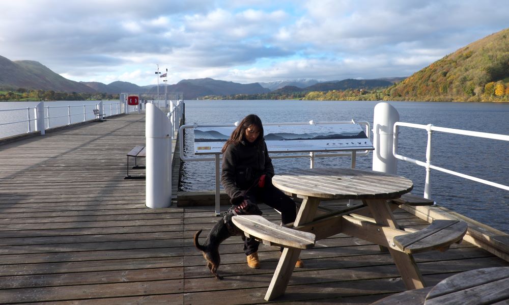 Vivienne Crow on the Ullswater 'Steamers' pier at Pooley Bridge in the Lake District