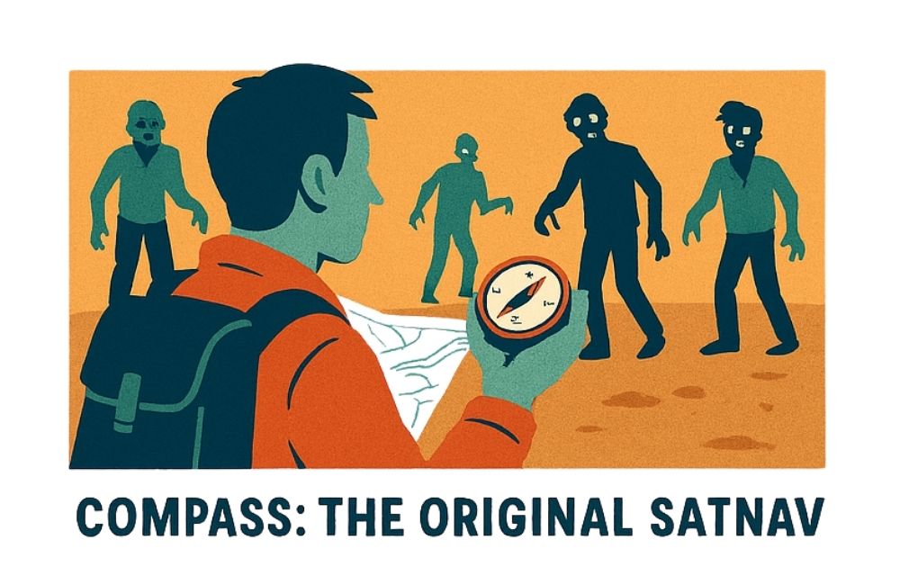 compass cartoon with zombies