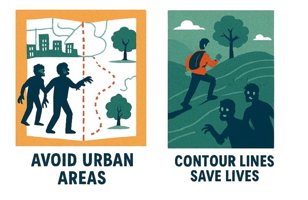 cartoon images of zombies and maps and a hillside