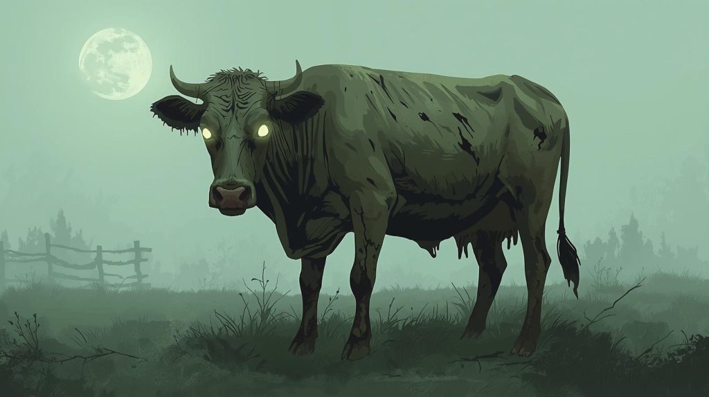 A decaying zombie cow, with tattered hide, vacant milky eyes, and patches of missing flesh revealing exposed bone, stands in a desolate, misty pasture under a pale, eerie moonlit sky. The image should be rendered