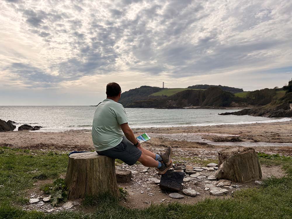 A person sitting on a log near a beach, looking out at the sea and distant cliffs under a cloudy sky.