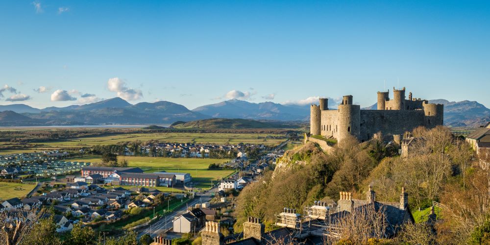 Harlech Castle with Eryri in the background