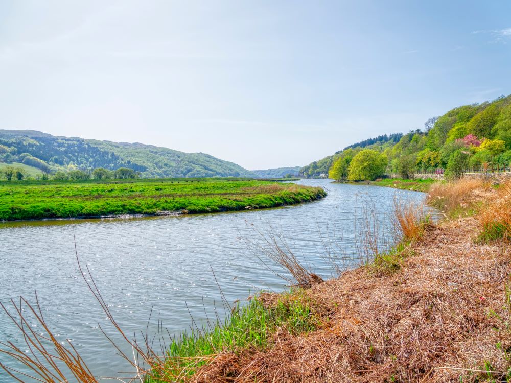 The River Dwyryd twists through a meadow near the village of Maentwrog in the Snowdonia National Park.