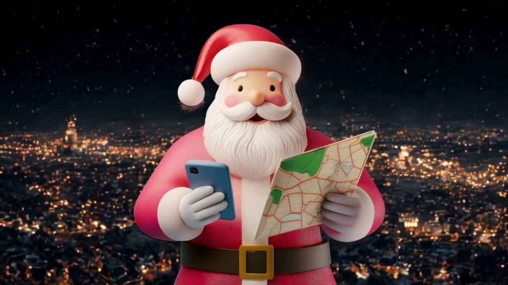 Father Christmas with a map and a phone