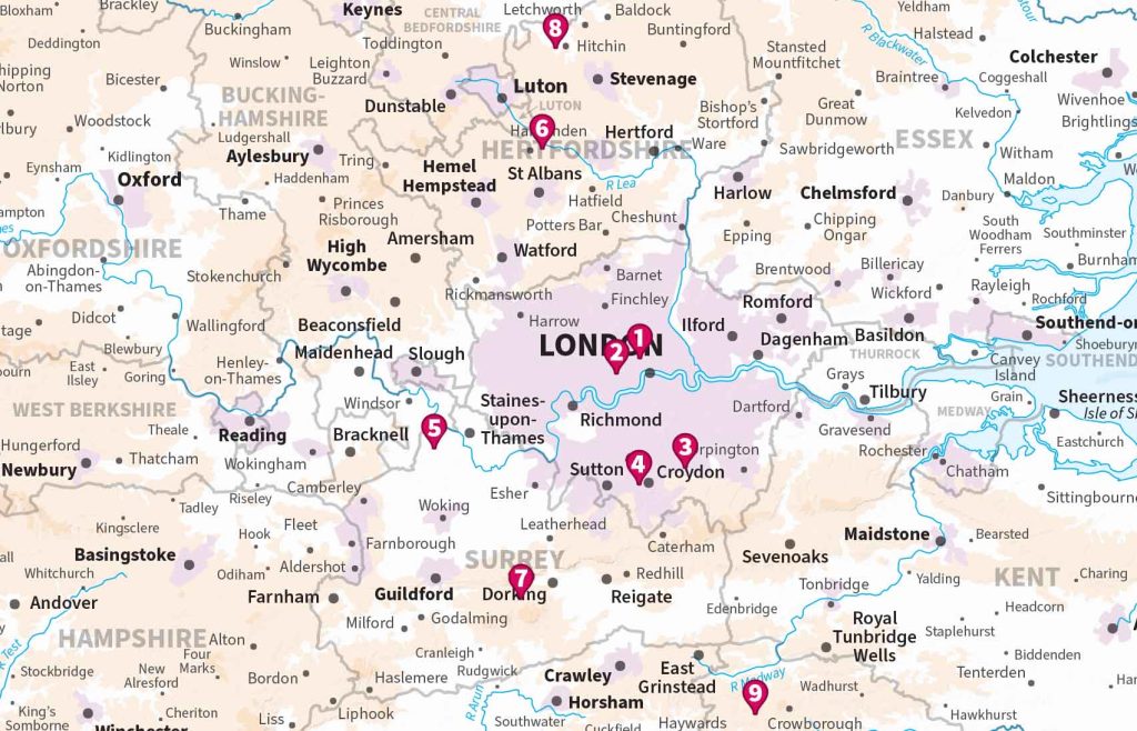 Map of waterfalls near to London