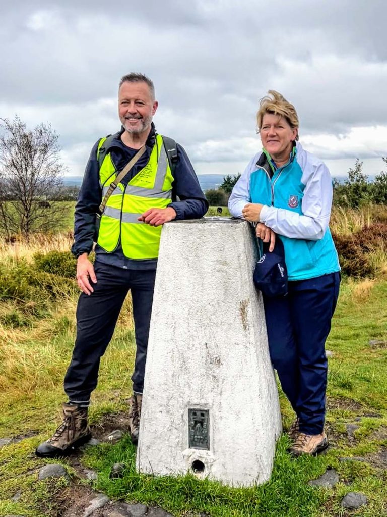 At the Mellor Moor trig point (Walk 21) with Clare Balding for her 'Ramblings' Radio 4 programme, October 2024 (c) Roz Hughes