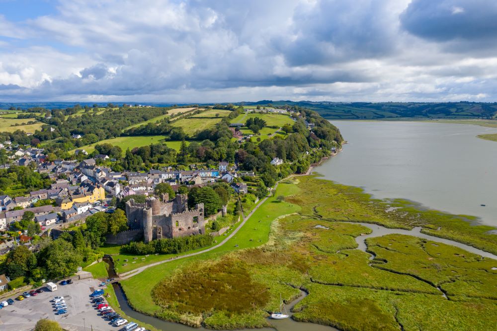 Aerial view of Laugharne in Wales, the location of the writer Dylan Thomas Boathouse