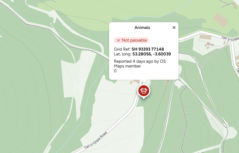 community alerts on os maps - cow warning