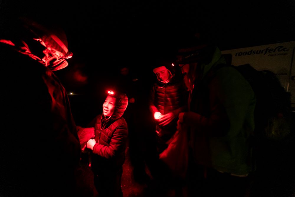 wearing headlamps in the dark