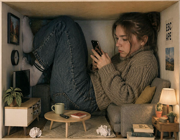 A woman trapped in a small box, using a phone