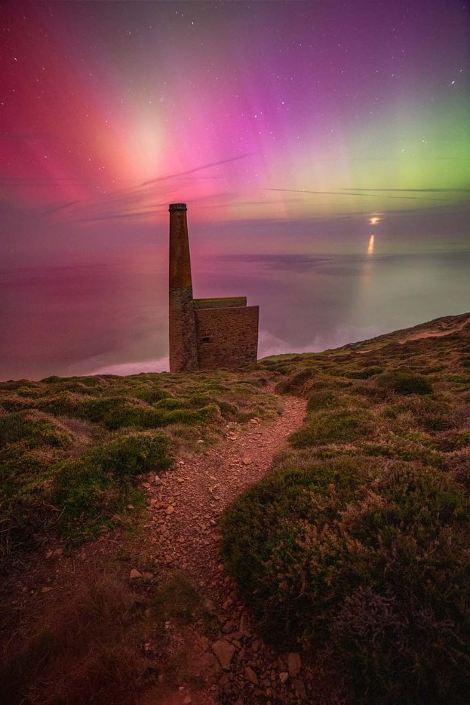 A tin mine in Cornwall, with the Northern Lights as a backdrop