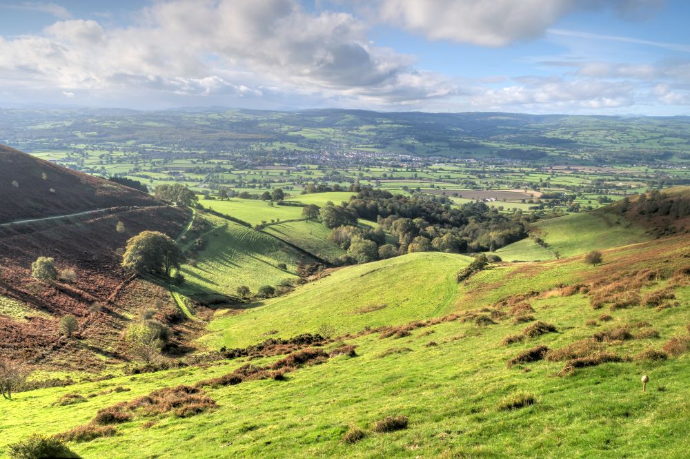 Daytime views across the Clwydian Range and Dee Valley